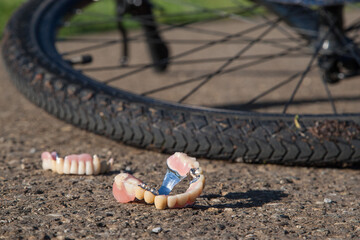 Denture and a fallen bike on the street. A fall from a bicycle often has tragic consequences....
