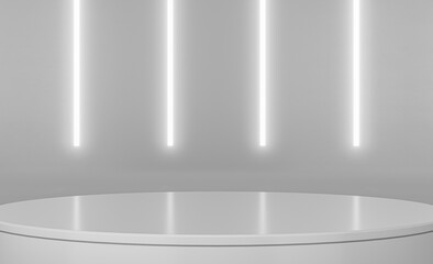 Abstract minimal pedestal podium with vertical glowing neon lighting. Product display presentation. Sci-fi empty room concept. Futuristic minimal wall scene. 3D Rendering