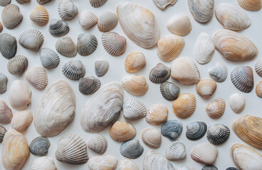 Large beautiful seashells are laid out evenly on a white paper background. Natural texture, top view.
