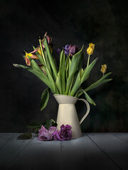 Still life of faded Tulips in jug with dead roses on white wood table against dark background