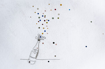 Continuous line drawing of champagne bottle with colored fireworks flakes. Flat lay of Celebration....