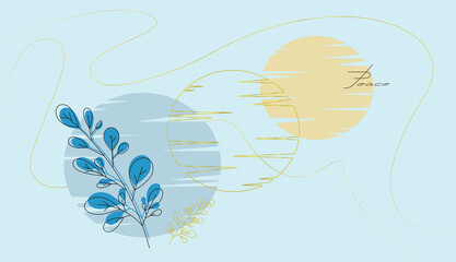 Cute blue postcard with golden elements and floral drawing.