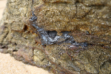 Obraz na płótnie Canvas Selective focus raw cassiterite metallic ore of tin stuck on rock. Natural mineral from geological.