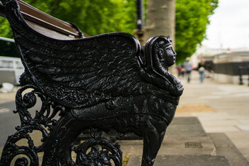 May 26, 2022 - London, England - Cast iron sphinx benches originally installed in the 1870s and...