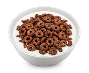 Chocolate corn rings with milk isolated on white background, top view