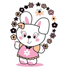 Bunny girl happily jumping rope of flowers