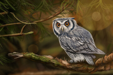 Grey owl hand-painted digital drawing. In the forest.