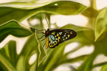 Colorful butterfly perched on leaf.Hand drawn digital art. Realistic drawing.
