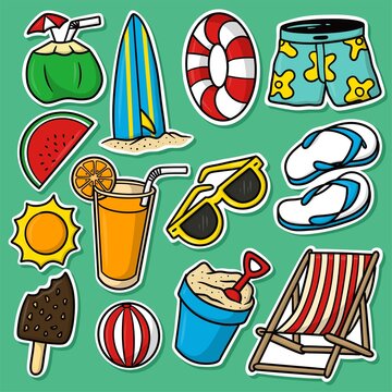 Sticker set Summer Beach Cartoon Vector