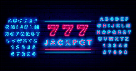 Jackpot neon sign. Bingo with seven numbers. Shiny blue alhpabet. Casino badge. Vector stock illustration