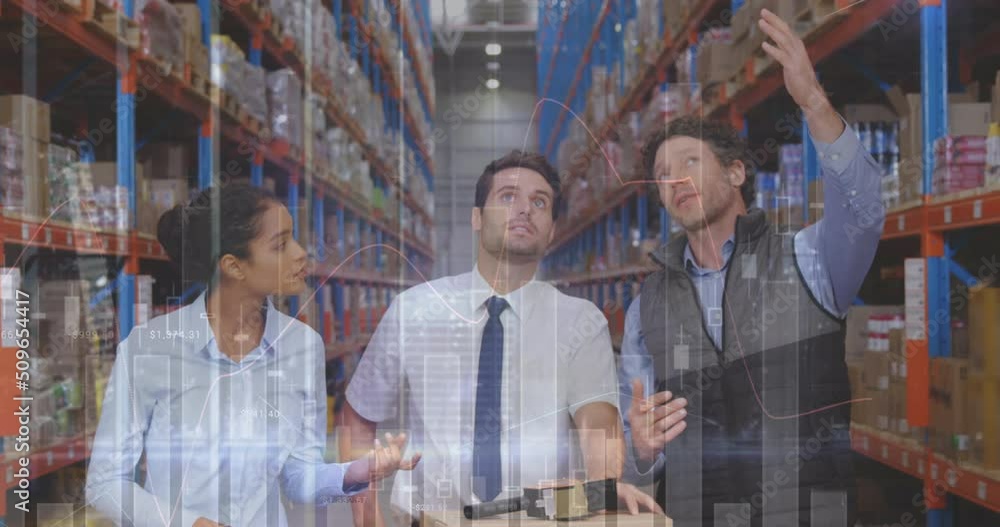 Poster animation of statistics and data processing over diverse people working in warehouse