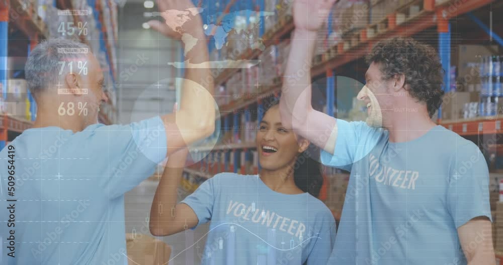 Poster animation of statistics and data processing over diverse volunteers high fiving in warehouse