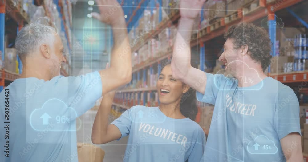 Poster animation of clouds and data processing over diverse volunteers high fiving in warehouse