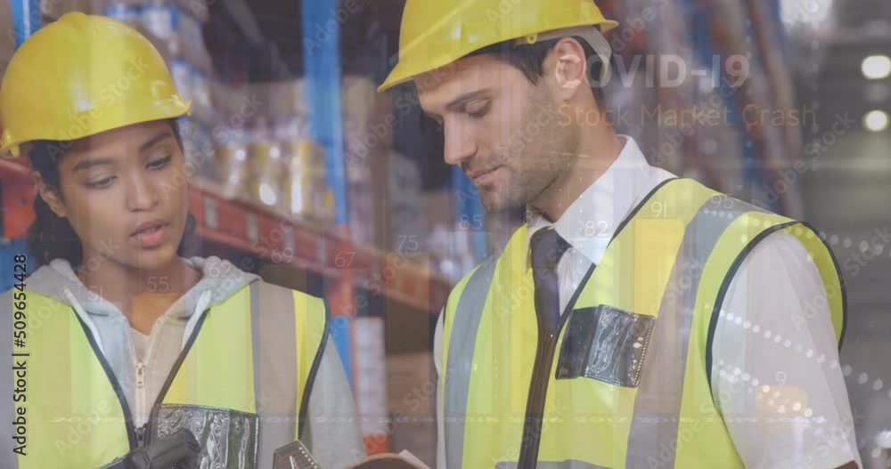 Poster animation of statistics and data processing over diverse people working in warehouse