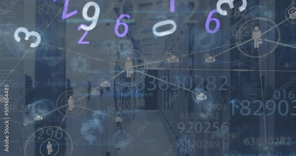 Poster animation of digital interface with network of connections over server room