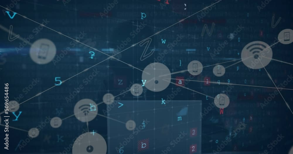 Poster animation of digital interface and network of connections over hacker