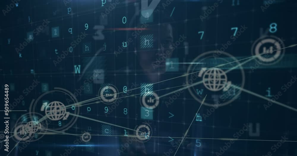 Poster animation of digital interface and network of connections over hacker