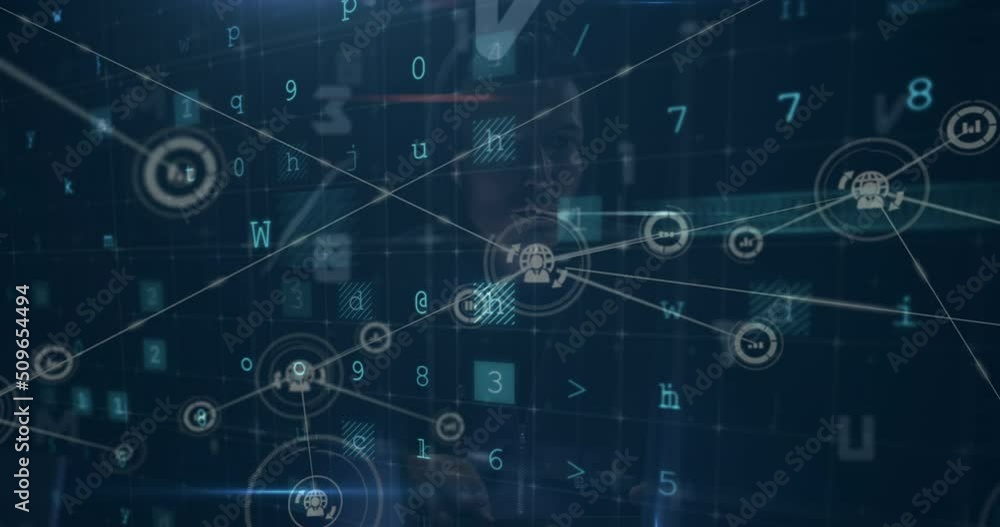 Poster animation of digital interface and network of connections over hacker