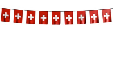 cute memorial day flag 3d illustration. - many Switzerland flags or banners hangs on string isolated on white