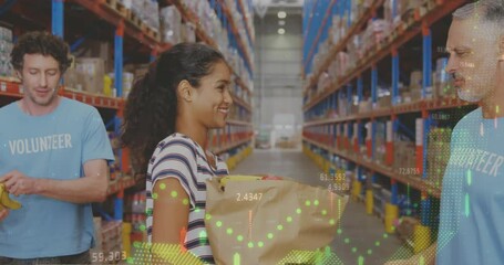 Animation of statistics and financial data processing over diverse volunteers in warehouse - Powered by Adobe