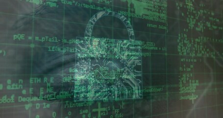 Animation of digital interface with security padlock over human eye - Powered by Adobe