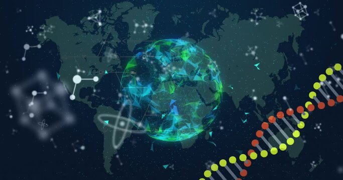 Animation of dna strand spinning and molecules over globe and world map - Powered by Adobe