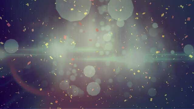 Animation of falling confetti over glowing lights on dark background