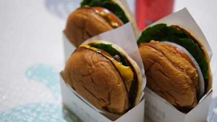 Take out burger combination. Fresh home and hand made cheese burgers. Take out food