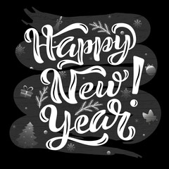 Hand drawn vector illustration with color lettering on textured background Happy New Year for winter season greeting, invitation, celebration, advertising, poster, card, banner, print, label, template
