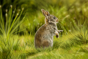 Standing rabbit in the forest. Hand drawn colored dry paints.