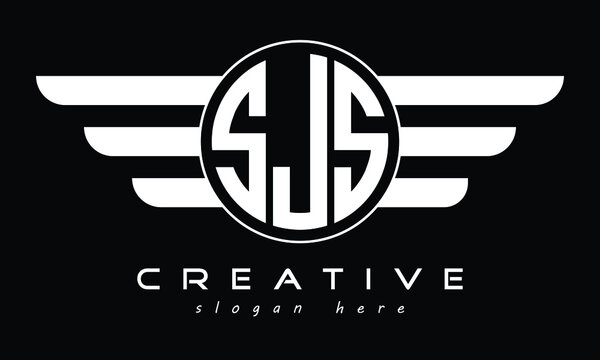SJS three letter initial letter logo in circle with wings vector template.