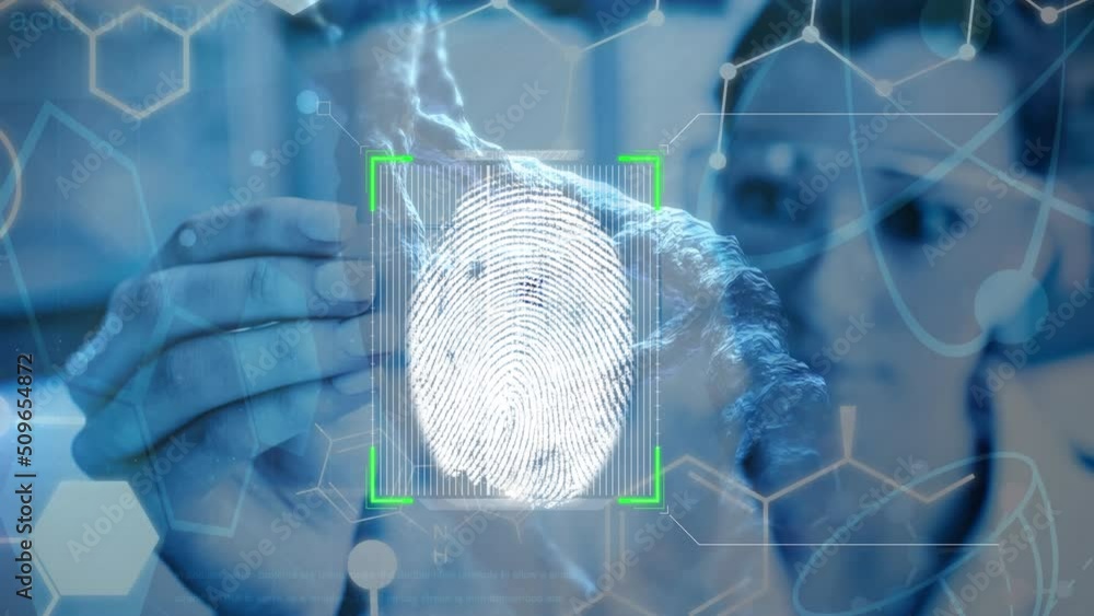 Poster animation of science data processing over female caucasian scientist