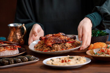 Kabsa, hummus, maqluba, maqluba, tabbouleh close-up, rice and meat dish, middle eastern national...