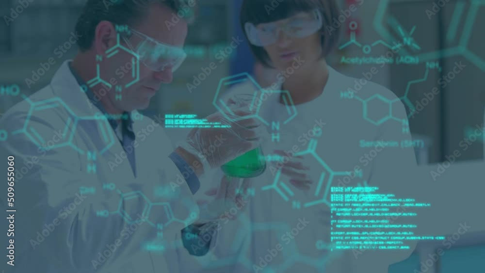 Poster animation of science data processing over two caucasian scientists in laboratory