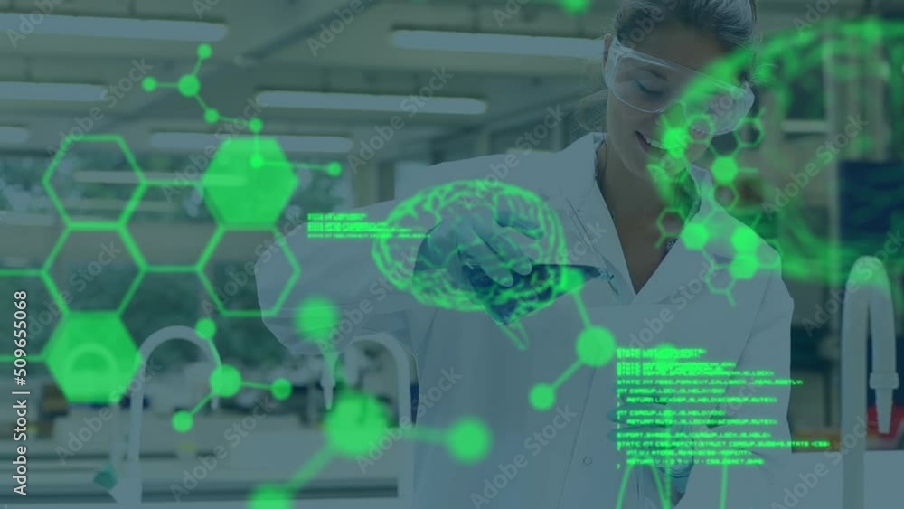 Aufkleber animation of science data processing over female caucasian scientist in laboratory