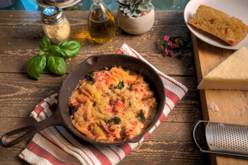 Top view of stuffed rigatoni in cast iron skillet on natural wood table top.