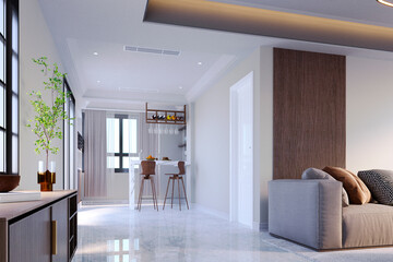 3d rendering,3d illustration, Interior Scene and  Mockup,white wall inside bar with stone bar with chairs in background.