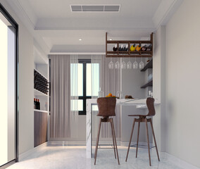 3d rendering,3d illustration, Interior Scene and  Mockup,white wall inside bar with stone bar with chairs in background.