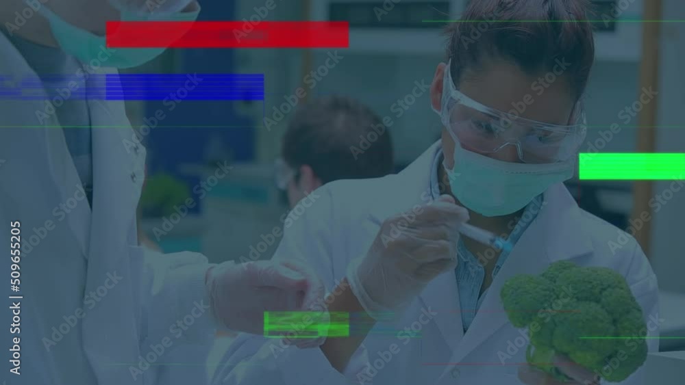 Poster animation of science data processing over diverse group of scientist in laboratory