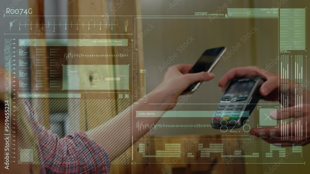 Poster animation of data processing over hands of caucasian woman and man using payment terminal