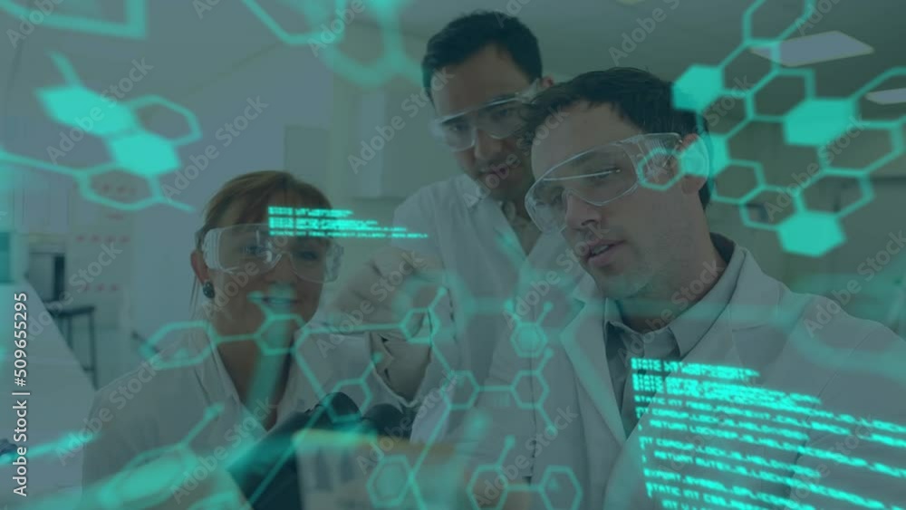Poster animation of science data processing over diverse group of scientist in laboratory