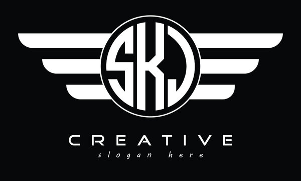 SKJ three letter initial letter logo in circle with wings vector template.