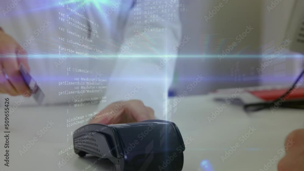 Poster animation of data processing over hands of caucasian woman and man using payment terminal