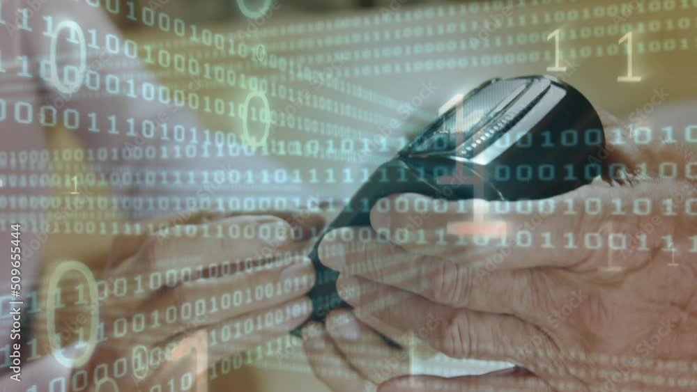 Poster animation of binary code over hands of caucasian woman and man using payment terminal
