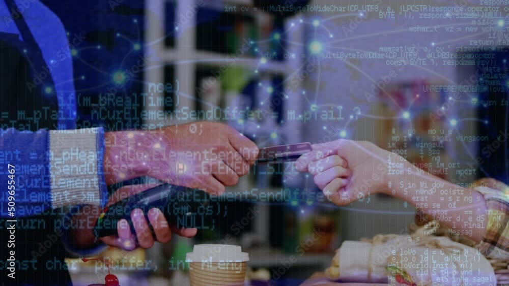 Poster animation of data processing over hands of caucasian woman and man using card and terminal