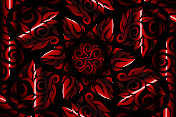 Colourful red caleidoscope gradient flower  art pattern of indonesian culture traditional tenun batik ethnic dayak ornament for wallpaper ads background 