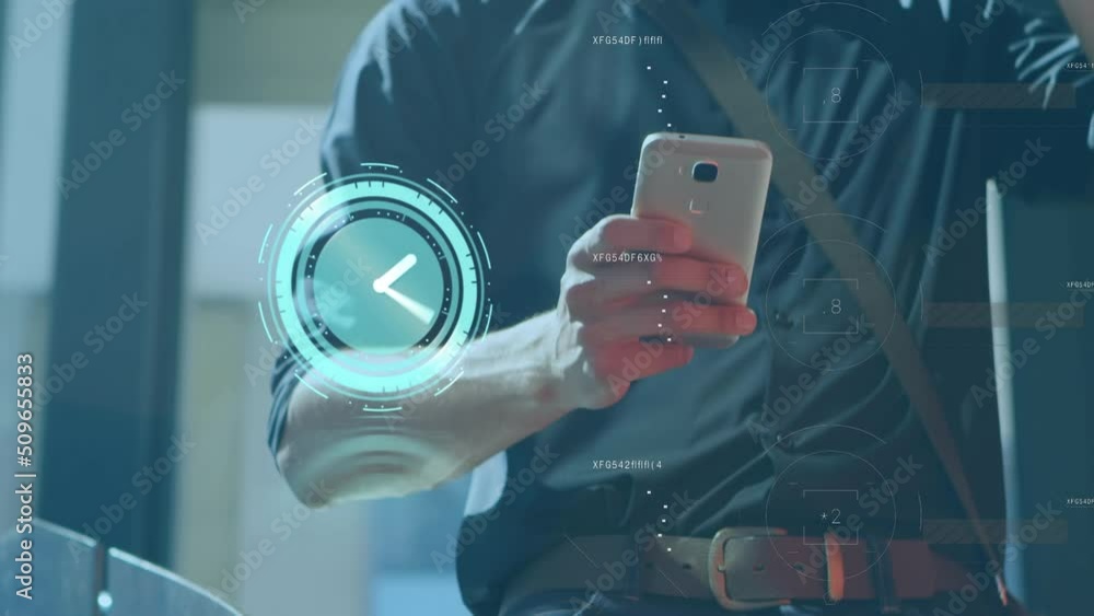 Poster Animation of clock and data processing over midsection of caucasian man using smartphone