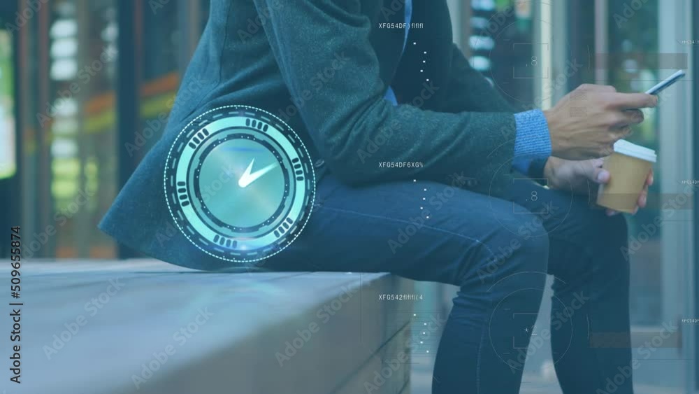Poster Animation of clock and data processing over midsection of caucasian businessman using smartphone