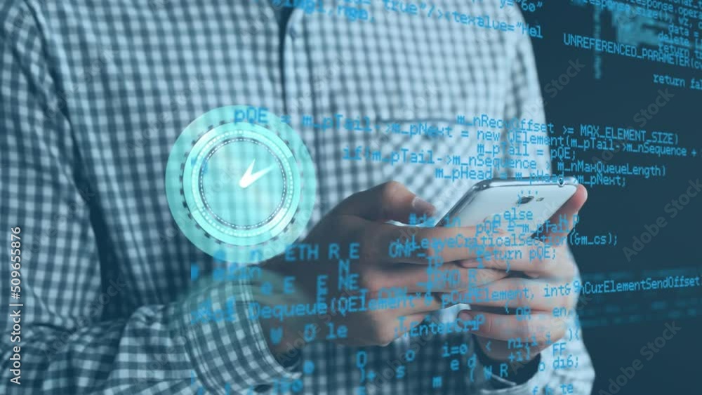 Poster Animation of clock and data processing over midsection of caucasian man using smartphone