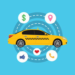 Advertising illustration of a taxi service on a background with icons